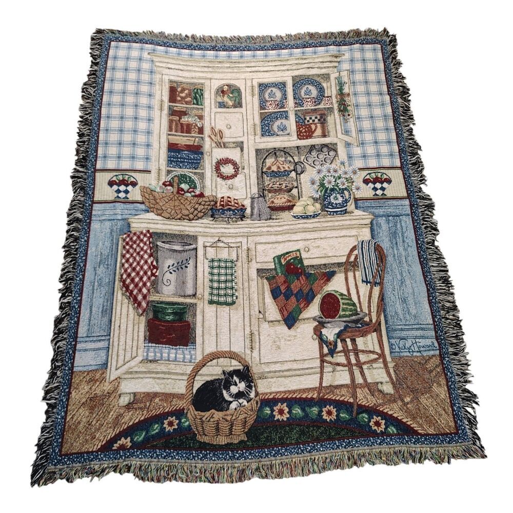 Vintage Vicky Howard Tapestry Throw Blanket Country Kitchen Cat Cottagecore